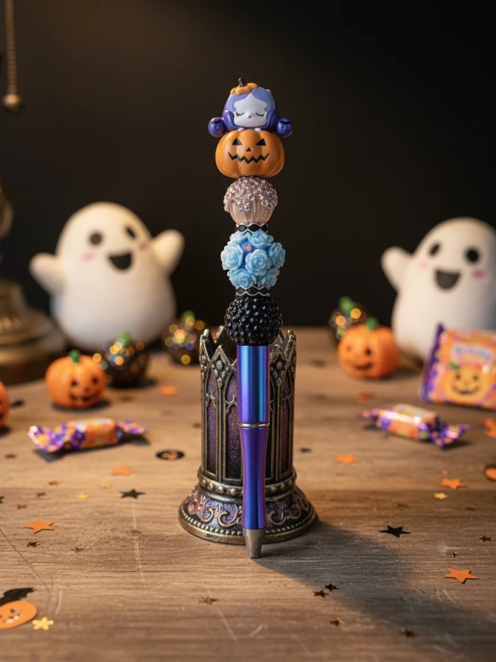 Halloween Beaded Decorative Pen in Purple and Blue Skullpanda Halloween 🎃